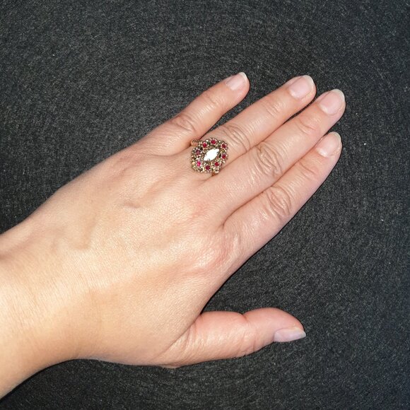 Stunning14K Gold Electroplated Genuine White Opal & Garnet Cocktail Ring - Picture 6 of 13